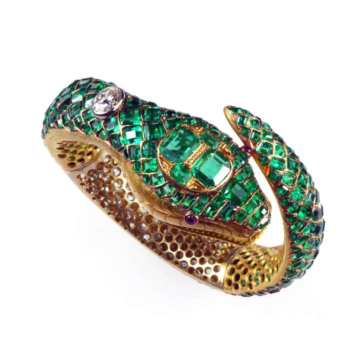 Emerald and diamond snake bangle